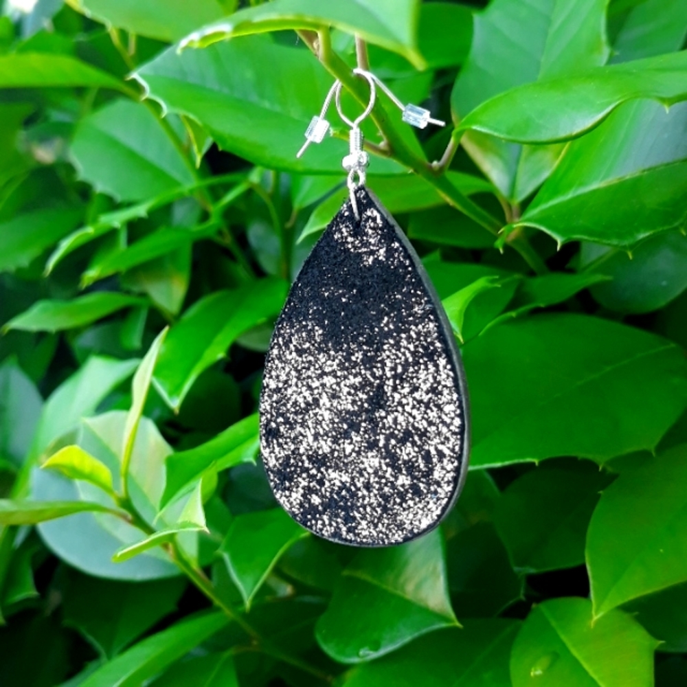 Black/Silver Suede & Wood Teardrop Statement Earrings by J.Monique